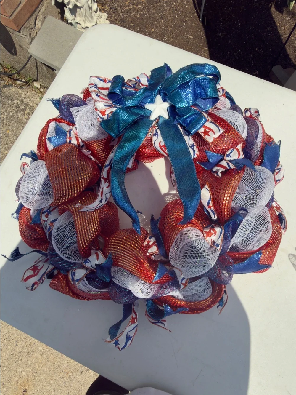 Patriotic Red White Blue Decorative Distressed Wreath with Bow